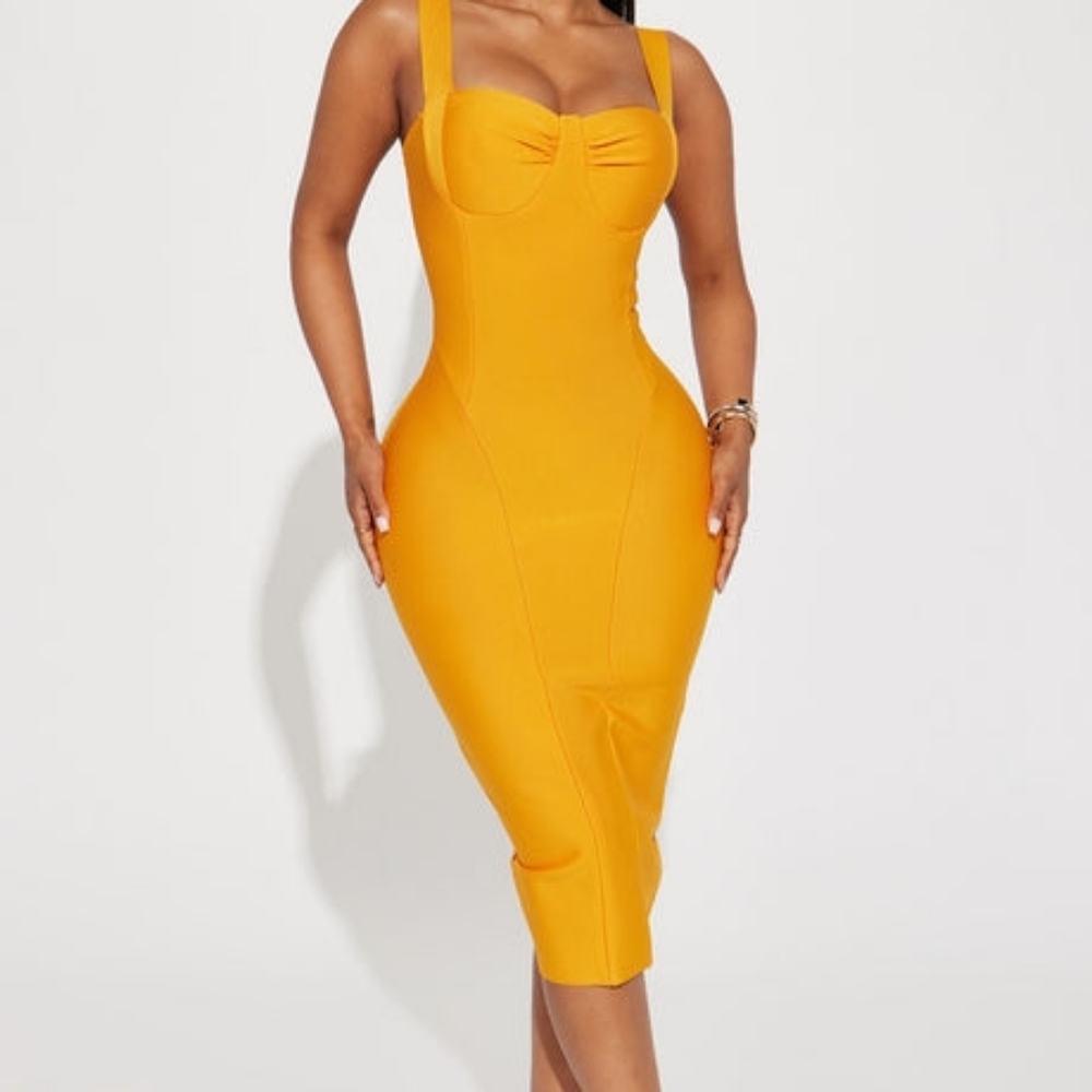 Fashion Nova Golden Mustard Midi Bustier Bodycon Dress